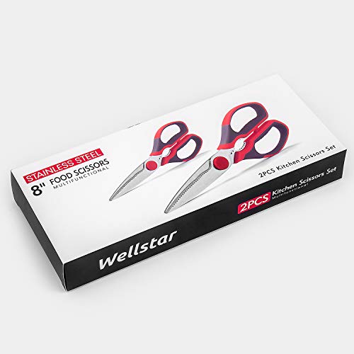Multifunction Kitchen Scissors 2-Piece Set WELLSTAR, Heavy Duty Food Shears for Chicken Meat Vegetable Fish Herb Poultry Stainless Steel Cooking Scissors with Comfortable Handle Scissors Set (Red)