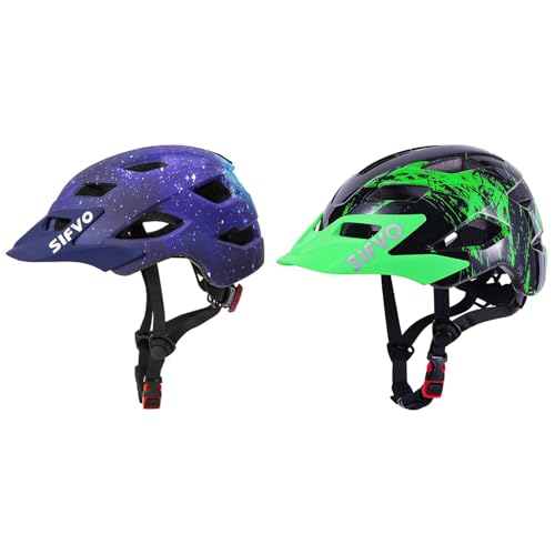 2 Pack Kids Helmet, SIFVO Boys and Girls Bike Helmet with Cool Visor Helmet for Kids 5-14, Adjustable & Lightweight 50-57cm(Starry Sky+Black Green)