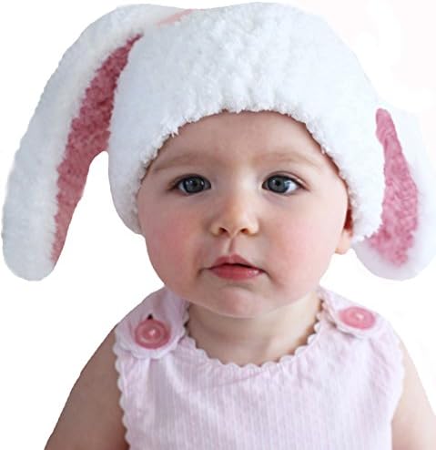 Melondipity Floppy Ear Bunny Baby Girl Beanie - Baby, Infant, Toddler Yarn - Bunny Hat - White with Pink Ears (6-12 months)