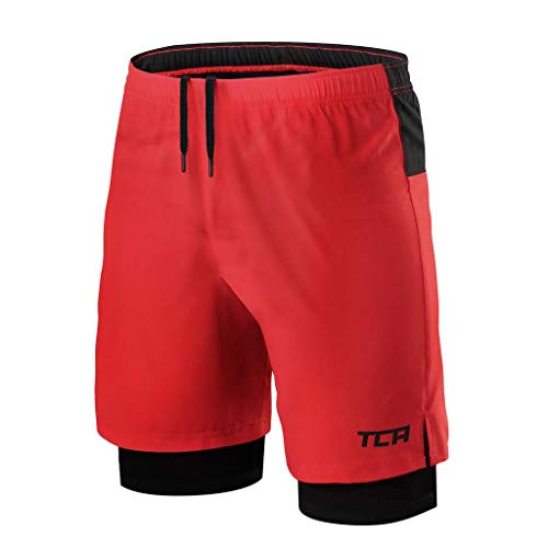 TCA Mens Ultra 2 in 1 Running Shorts with Inner Compression Short and Zip Pocket - High Risk Red/Black, L