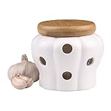 White Stoneware Garlic Keeper with Bamboo Lid and 12 Air Vent ()