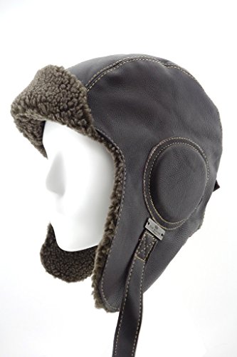 FUR WINTER Lamb Leather Outdoor Aviator Trapper Trooper Snowboard Pilot Ski Hat Helmet Cap BRN L