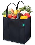 Reusable Grocery Shopping Bags (Black, 5 Pack) - Foldable Extra Large Heavy Duty Tote Bags With Reinforced Handles and Plastic Bottom Insert