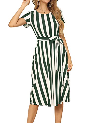 levaca Women Casual Swing Striped Loose Teen Pockets Midi Dress with Belt Green M - Thumbnail 2