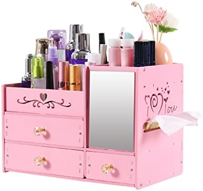 Dressing Table Storage Box Cosmetics Finishing Box Have Mirror ( Color : Pink )