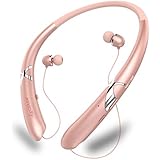 LSCHARM Bluetooth Headphones Retractable Earphones Neckband Sport Wireless Earbuds Stereo Waterproof Noise Cancelling Headsets with Mic for iPhone Samsung iPad (RoseGold)