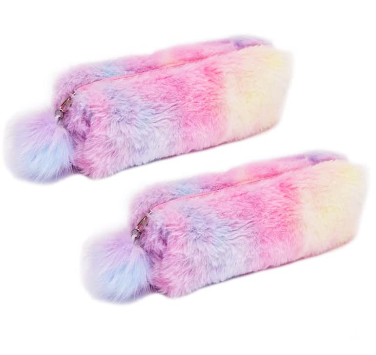 2 PCS Plush Rainbow Pencil Case for Girls - Fluffy Cute Holder, Soft Bag, Makeup Pouch, Colored Storage Bags - Large Capacity School Supplies for Kids