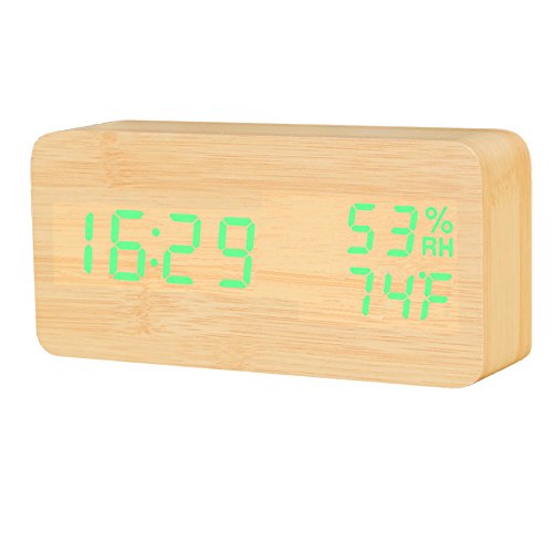 Raercodia Alarm Clock Wooden Digital Clock Modern Decorative Electronic LED Desk Clock Display Time Date Temperature Humidity 3 Alarms Brightness Adjustable for Home Office Bedroom(Wood,Green)