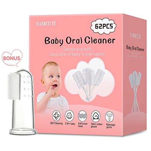 62PCS Baby Tongue Cleaner, Baby Oral Cleaner Newborn Baby Toothbrush,Disposable Infant Toothbrush Clean Baby Mouth,Gauze Gum Cleaner Stick Dental Care for 0-36 Month Baby+1 Finger Toothbrush with Case