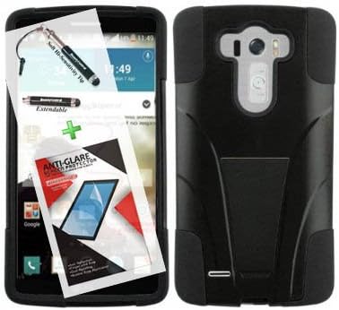 LG G3 Case - 3 in 1 Bundle Silicon Hybrid hard Snap on Cover Case with Viewing Stande - Black with Free Ultra-Sensitive Stylus Pen and Premium Screen Protector by BeautyCentral TM