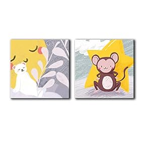 Square Canvas Wall Art of Sleeping Cat and Monkey Star Children Painting | 12"x12" x 2 Panels
