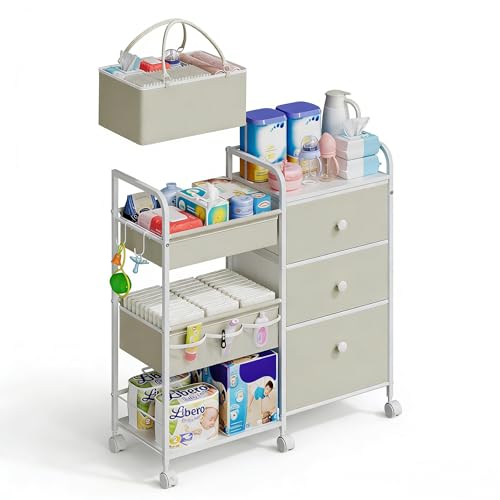 2In1 Baby Diaper Caddy Organizers and Storage, 3 Tier Rolling Cart with Dividers and Drawers, Mobile Utility Cart Baby Dresser Clothes Organizer for Changing Table, Crib Nursery, Bedroom
