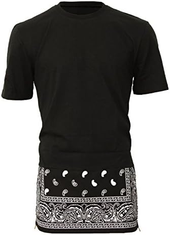 Savezone Paisley Pattern Zipper Crew Neck T-shirt Short Sleeve (M, BLACK)