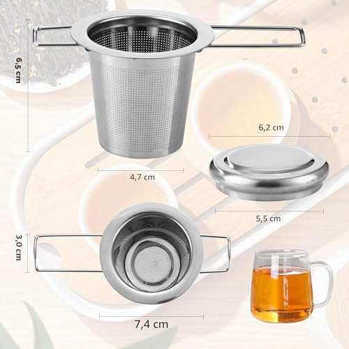 2 Pieces Tea Infuser, 304 Stainless Steel Tea Filter, Tea Filters with Lid and Folding Handle, Reusable, Fits Various Sizes of Cups and Teapots