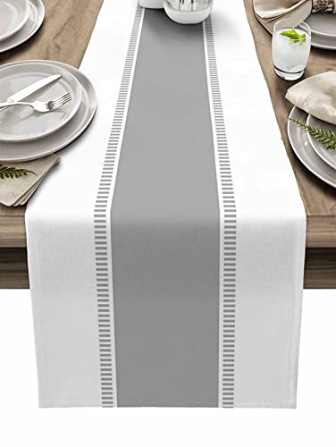 Grey Linen Table Runner Farmhouse Stripes