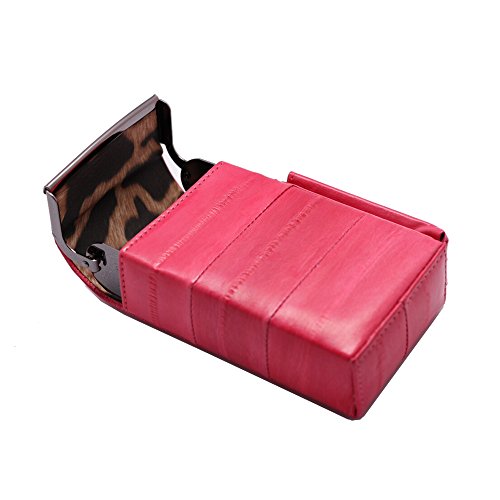 Automatic Rising Genuine Eel Skin Leather Sliding Cigarette Case with Lighter Holder (Pink)