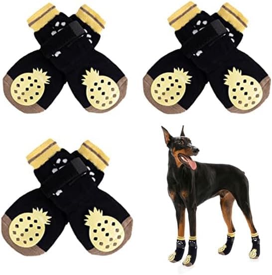 EASY JOY 3 Pairs Anti Slip Dog Socks - Adjustable Straps, Dog Paw Socks with Grips, Yellow Pineapple Pattern, Size S