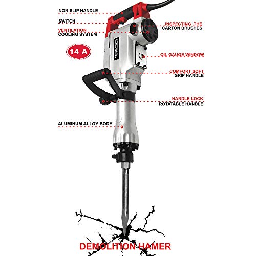 Toolman Electric Demolition Jack Hammer Chisel For Heavy Duty Concrete Breaker 14A with Point, Flat Shovel/Chisels bits works with Dewalt, Makita, HILTI, Hitachi, Bosch Accessories