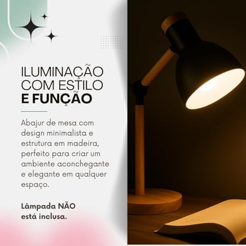 Luminária de Mesa Retrátil com Base de Madeira | Design Moderno e Ajustável para Escritório, Leitura e Estudo (BRANCO)