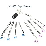 eoocvt M3-M6 Adjustable T-Handle Tap Wrench + 4 pcs M3 M4 M5 M6 Machine Screw Metric Thread Plug Taps Set + 4 pcs Drill Bits Set