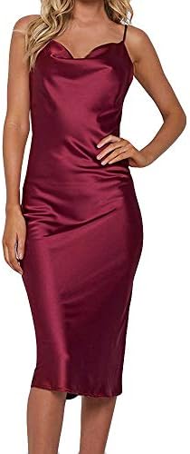 refulgence Women's Dresses-Summer Silky Satin Spaghetti Strap Button Down Swing Midi Dress with Pockets