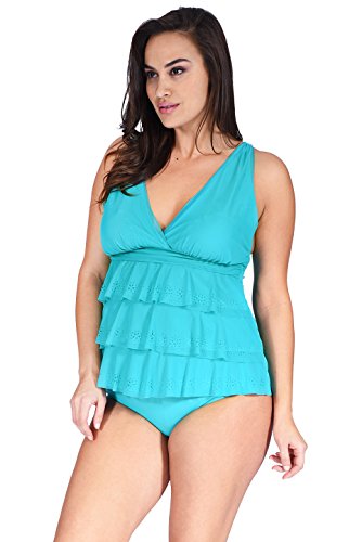 Mazu (1MZ7200) Swim Women's Ruffle Mesh Swimwear Triple Tier Plus Size Tankini Top (18W-24W) In Lasercut Jade Size: 18W