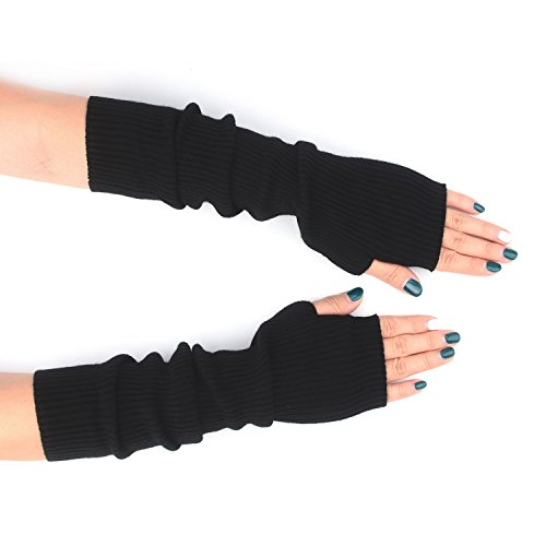 Flammi Women Knit Fingerless Gloves Mittens Arm Warmers Cashmere Thumb Hole Long Gloves (Black)
