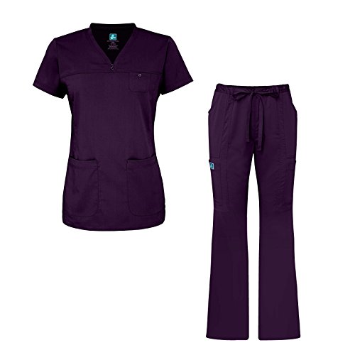 Adar Indulgence Jr. Fit Womens Scrub Set Curved V-Neck Medical Scrub Top and Scrub Pants - 4401 - Purple - M