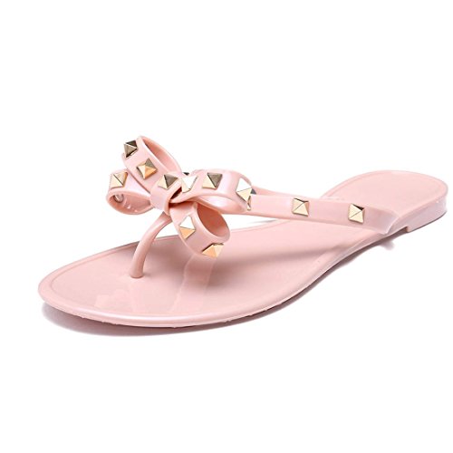 Utop Women’s Rivets Bowtie Flip Flops Jelly Thong Sandal Rubber Flat Slipper Summer Beach Rain Shoes Womens Gold Rivet Studded Bow Jelly Thong Flip Flop Sandals (US8.5=EU40=25CM, Beige)