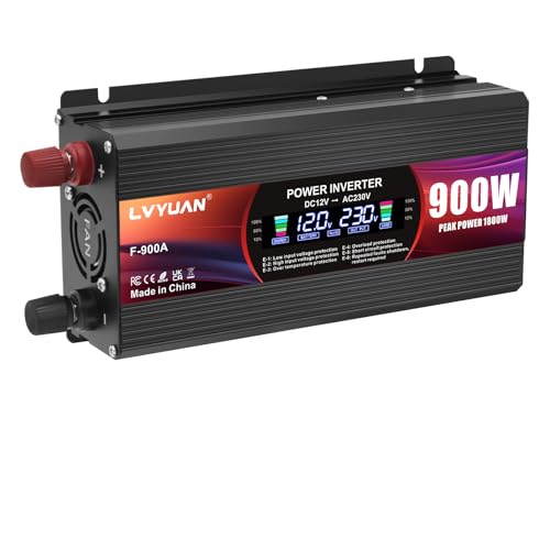 LVYUAN Inverter 12V 230V 900W Voltage Converter with EU Plugs, 2 USB, Alligator Clip, Cigarette Lighter and LCD Display Inverter Peak 1800W