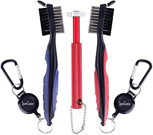 SportsGenics Golf Brush (Pack of 2) with a Golf Club Groove Sharpener – Double Sided Golf Club Cleaner – 6 Head Golf Groove Sharpener for Sharpening – Golf Club Cleaning kit – Golf Accessories