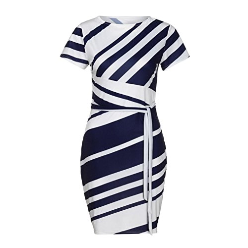 Nikuya Women's Casual Mini Dresses Working Dresses Pencil Stripe Party Dress White Evening Dresses (Blue, S)
