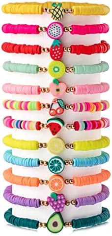 JAPBOR 12pcs Fruit Clay Bracelets for Kids Girls, Colorful Surfer