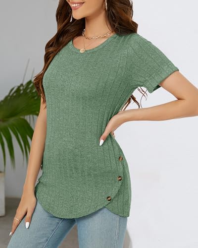 BELLADILA WOMENS SUMMER CASUAL CREW NECK SHORT SLEEVE TUNIC TOPS BUTTONS DRESSY BLOUSES TSHIRTS SHIRTS FOR WOMEN 2024 GREEN
