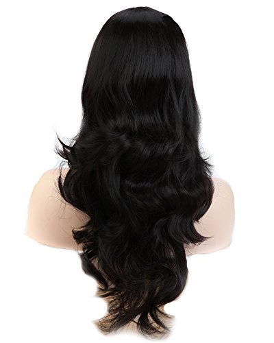 S-noilite Women Long Wavy Dark Black Full Wigs With Bangs Natural Curly Daily Cosplay Party Costume Heat Resistant Synthetic Hair Wig 19inch - Thumbnail 3
