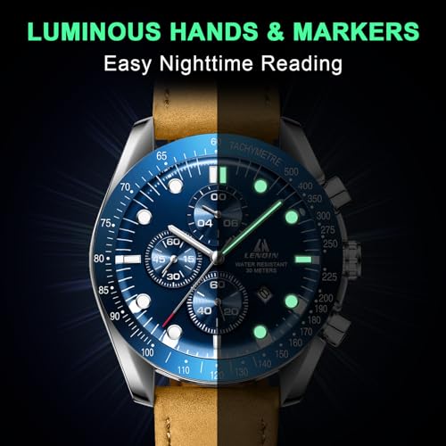 LN LENQIN Mens Watches Leather Watch Analog Quartz Watches for Men 30M Waterproof Men's Wrist Watches Luminous Luxury Fashion Business Casual Watch with Date (Brown Blue)