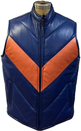 Genuine Lambskin Real Leather Vest Slim Fit Sleevless Waist Coat Biker Jacket-Blue/Orange