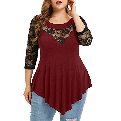 Lutos Women Plus Size O-Neck Floral Lace Asymmetric Three Quarter Ruffles Tops Tee Red