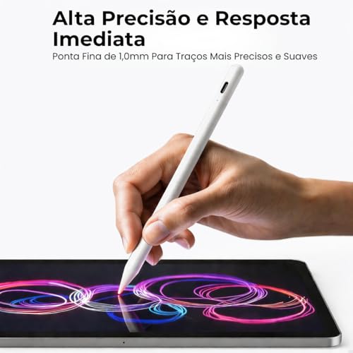 Caneta para iPad 2018-2026 Alta Precisão 1.0mm – Palm Rejection, Escrita Natural, Recarga Rápida USB-C, Fixação Magnética, Compatível com iPad Pro, Air, Mini e 6ª a 11ª Geração (Branca)