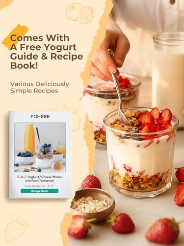 FOHERE Yogurt Maker with 2 XXL Jars Capacity 2000 ml and 1400 ml, 4 x 125 ml Cups and Lid, 8 Preset Programs, LCD Display, Timer, Power 20 W, BPA-Free