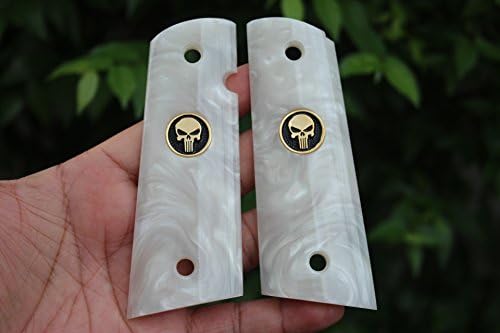 NEW!! Magwell Cut 1911 Full size Imitation White Pearl Grips Fits Colt Government and Commander Kimber, Springfield, Remington, Taurus PT 1911, Smith&amp;Wesson with Punisher Skull Gold Color Logo