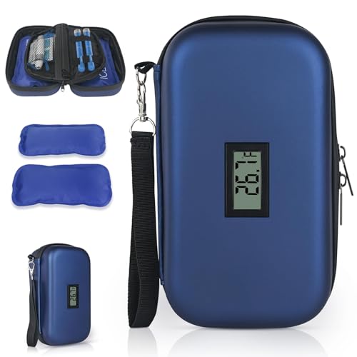 Insulin Cooler Travel Case, Insulin Pen Cooler Travel Case with 2 Ice Pack, Portable Medication Diabetic Cooler for Travel with Temperature Display Medicine Organizer Bag