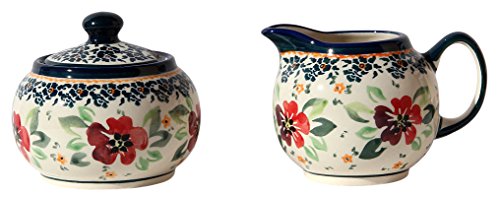 Polish Pottery Sugar Bowl and Creamer From Zaklady Ceramiczne Boleslawiec #694/711-du116 Unikat Pattern, Sugar Bowl: Height: 3.7" Creamer: Height: 3.4"