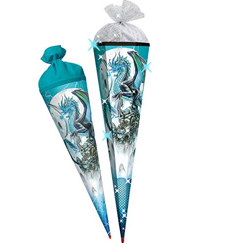 Schultüte - Eisdrache/Drache Größe wählbar 100 cm - mit Holzspitze - 6 eckig - Tüllabschluß - Zuckertüte - Roth - Jungen…