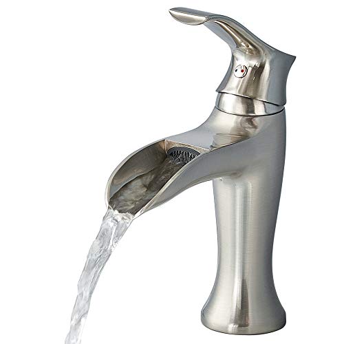Commercial Modern Stainless Steel Single Handle Waterfall Brushed Nickel Bathroom Faucet, Lavatory Vanity Sink Faucet Without Pop Up Drain - Thumbnail 7