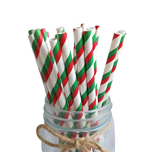 50PCS Christmas Paper Straw Drinking Cocktail Straws Biodegradable Red Green Striped Party Straws for Christmas, Birthday, Wedding, Baby Shower Party Supplies