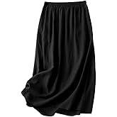 Kinghua Linen Skirts for Women Spring Summer A Line Elastic High Waisted Casual Trendy Midi Long Skirt with Pockets