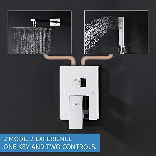 IRIBER Rain Shower System with 10 Inch 2mm Ultra Thin Shower Head and Handheld Combo Set, Shower Faucet Mixer Valve Included Modern Rainfall Shower Sets for Bathroom, Chrome Finish