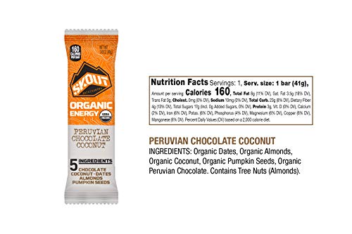 SKOUT BACKCOUNTRY Organic Energy Bars - Peruvian Chocolate Coconut - Vegan Snacks - Plant Based & Paleo Bars - Non-GMO - Gluten Free, Dairy Free, Soy Free - No Sugar Added - 1.45 oz (12 Count)