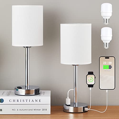 Juego de 2 lámparas táctiles de mesita de noche pequeña, 3 vías, regulables, puertos USB C, A y tomacorrientes, modernas para habitación de niños, con pantalla de lino y base plateada, color blanco